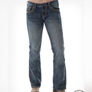 Classic Blue Boot Cut Jeans with Subtle Distressing